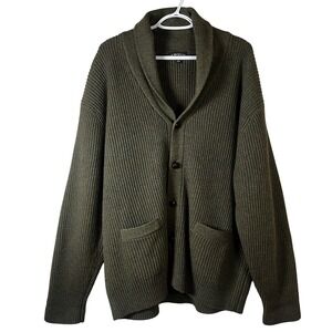 Orvis Shawl Collar Cardigan Sweater Mens Olive Green 100% Lambswool Button Cabin